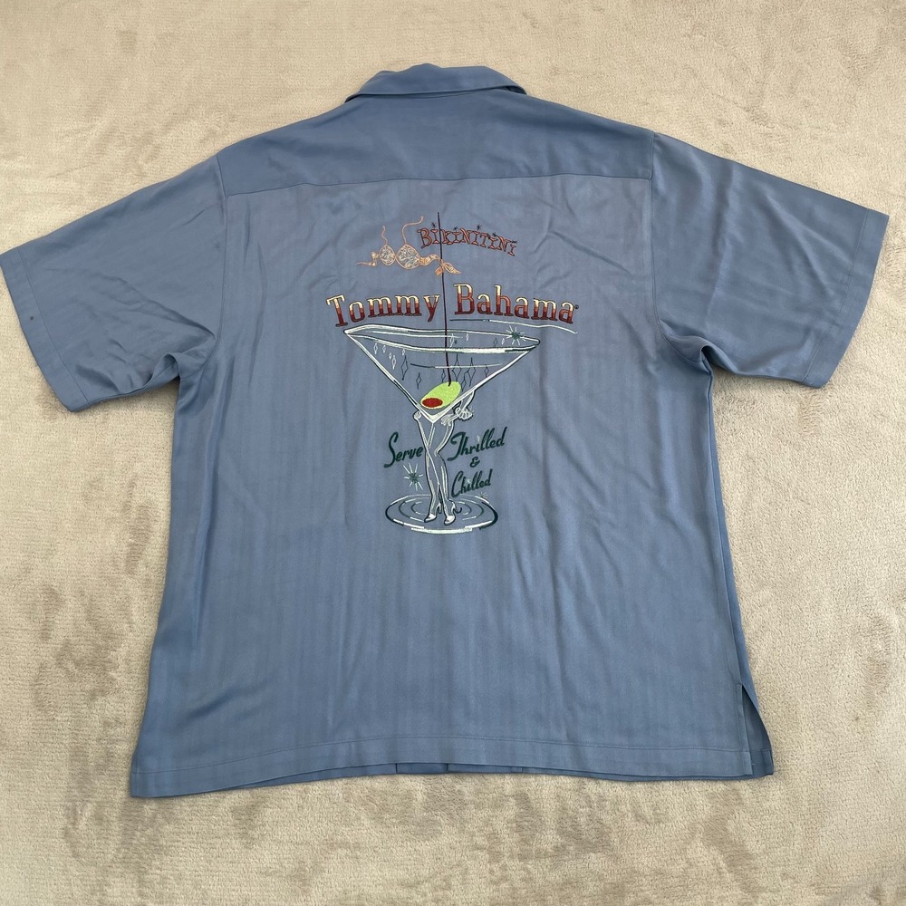 Tommy Bahama Camp Shirt‎ Large Blue Bikinitini Martini Embroidered Loop Collar